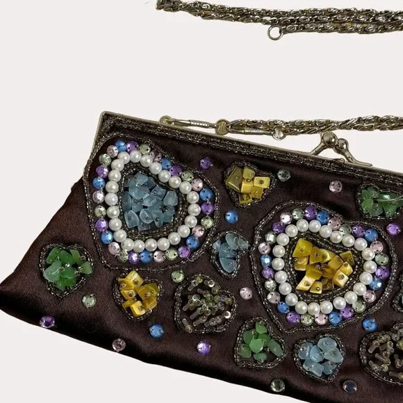 Lapis Beaded Satin Handbag Evening Mini Shoulder Bag Purse Chain Strap bv - Picture 2 of 8